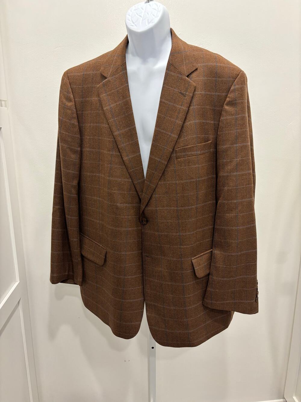 Deadstock NWT Corbin 48R Blazer Brown Windowpane 100% Wool Sport Coat Vintage